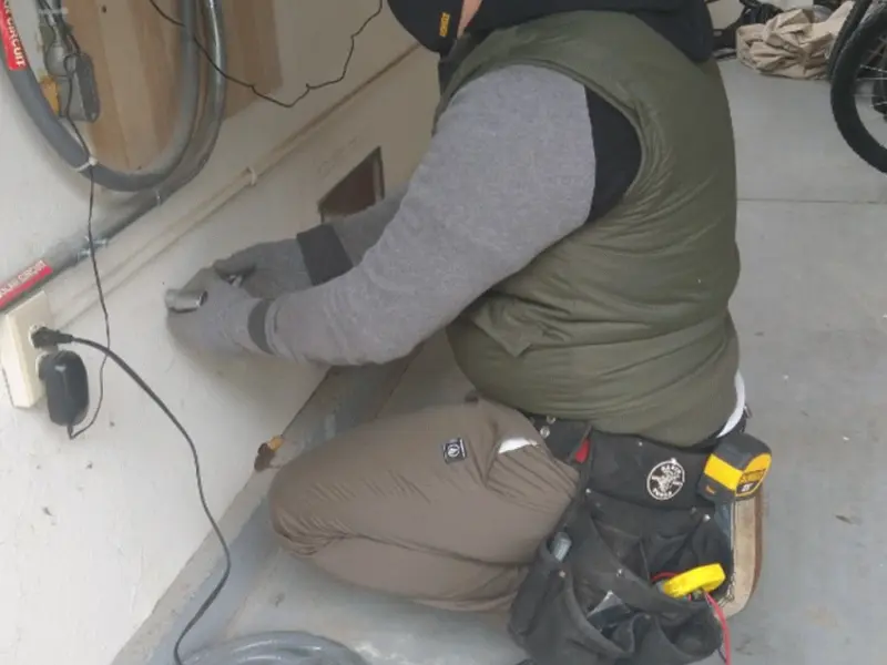 Electrician performing outlet wiring in a University of Virginia garage